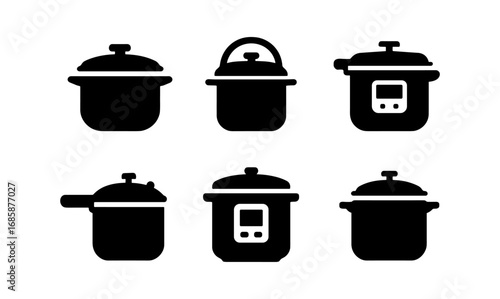 Set of silhouette icons of kitchen cookware including pressure cookers and pots