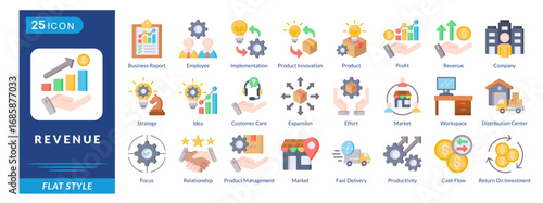 Revenue icon set in flat style, featuring Profit, Company Strategy, Customer Care, Expansion, Market, Workspace, and Relationships.