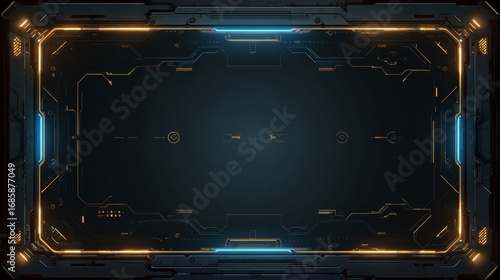 Futuristic sci-fi interface frame with glowing tech elements on dark background.