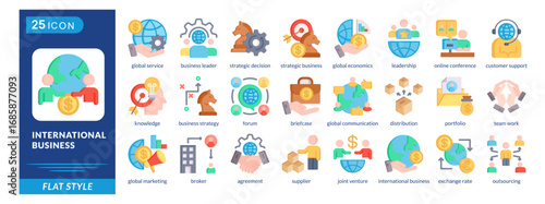International Business icon set in flat style, featuring Global Service, Brokers, Agreements, Suppliers, Briefcase, and Leadership.