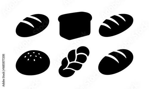 Bread silhouette icons: loaf, baguette, and bun designs for bakery projects