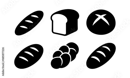 Silhouette icon set of various bread types: baguette, loaf, bun, and more