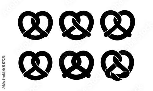 Minimalist black pretzel icons set on white background