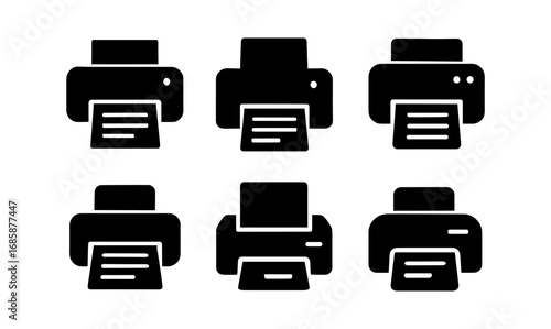 Black printer icons set: minimalist silhouette styles for office and printing needs