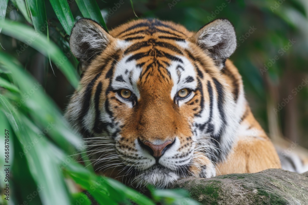 Fototapeta premium Majestic tiger resting in lush jungle environment