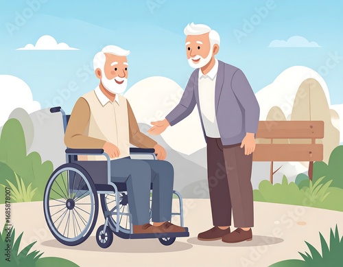 Two elderly men interacting outdoors