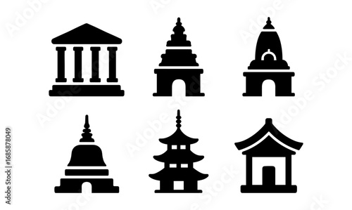 Ancient architecture icons set featuring temples and pagodas in silhouette style