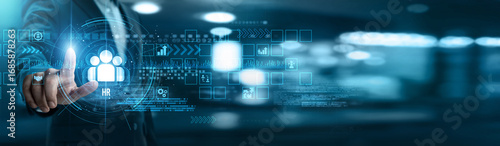 Businessman touching HR networking and talent acquisition, performance management, payroll systems, employee engagement, training platforms, workforce analytics, and retention strategies.