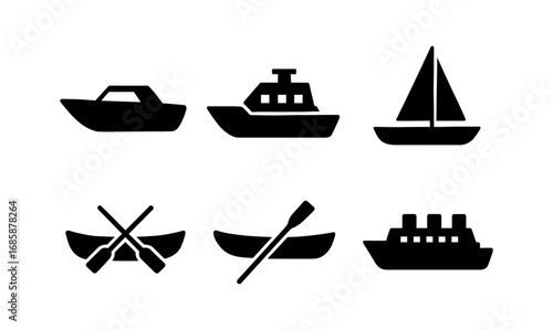 Set of silhouette boat icons: sailboat, canoe, and yacht designs