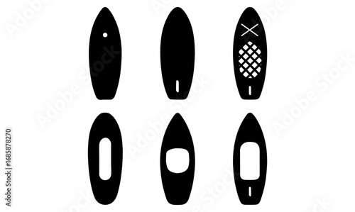 Set of surfboard silhouettes: minimalist black and white pictograms