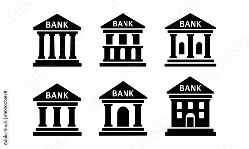 Bank building icons: minimalist black and white silhouettes for financial themes