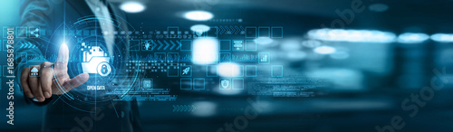 Businessman touching open data networking and API integration, data visualization, transparency initiatives, public access, analytics solutions, collaborative platforms, policy compliance.