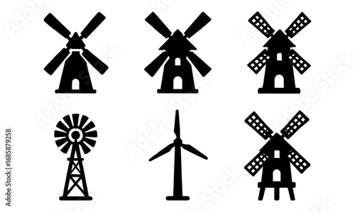 Silhouette collection of various windmills and wind turbines for renewable energy projects