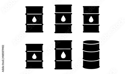 Set of black oil barrel silhouettes with droplet symbol