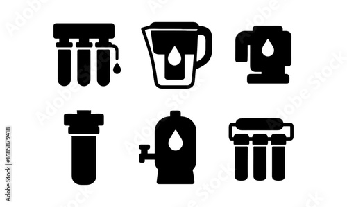 Water purification icons set in black silhouette style