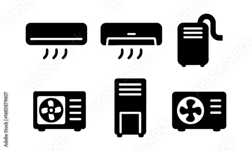 Silhouette icons of air conditioning and cooling devices for home and office