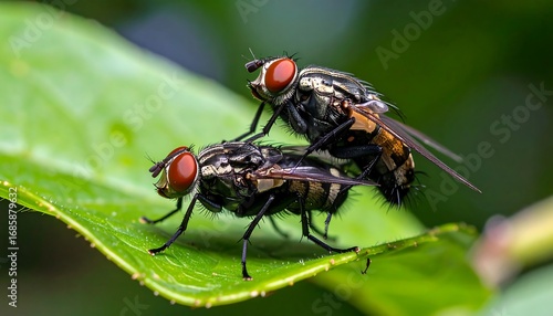 Close-up of two flies mating on a leaf