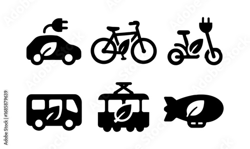 Eco-friendly transportation icons collection featuring electric and sustainable vehicles