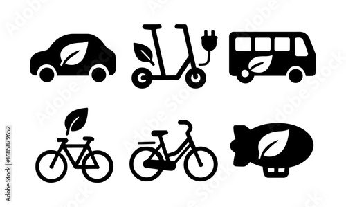 Eco-friendly transport icons: electric car, scooter, bus, bicycle, airship silhouettes