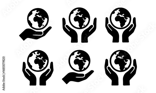 Silhouette hands holding earth icons for environmental conservation designs