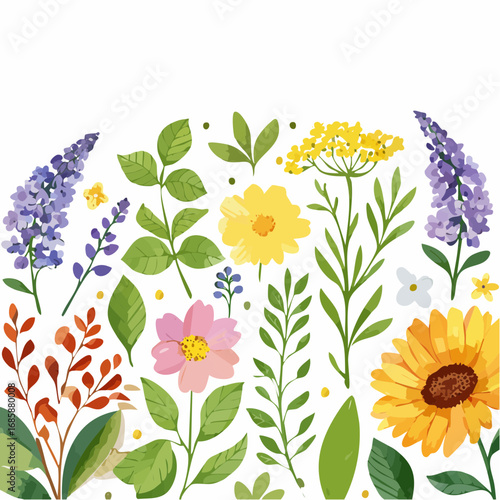 Vibrant floral arrangement watercolor illustration showcasing various blooming flower species