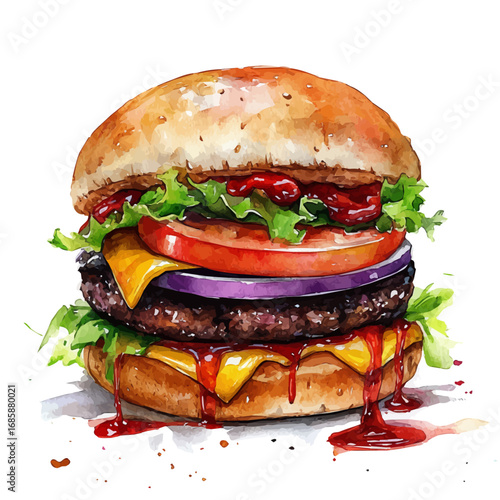 Hamburger, watercolor vector, isolated on a white background.