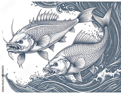 Two ferocious fish leap through crashing waves