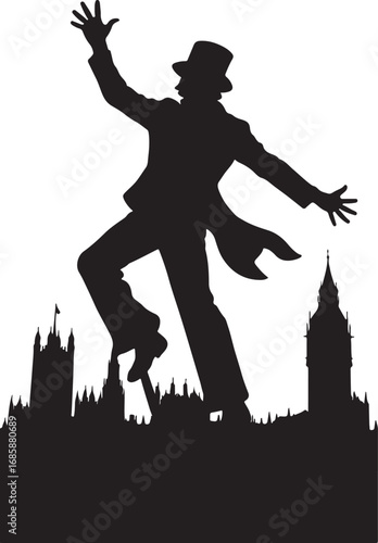 Silhouette of a man in a top hat and suit dancing on stilts against London skyline vector