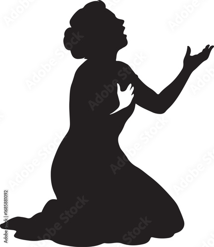Silhouette of a woman kneeling with hands raised in prayer or supplication praying