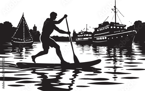Silhouette of man paddleboarding on water with boats and city skyline in background ocean