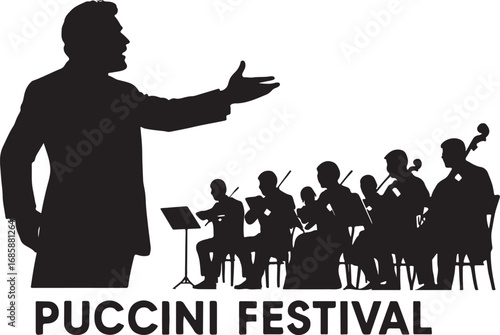 Black silhouette of a conductor leading an orchestra with text Puccini Festival below music concert