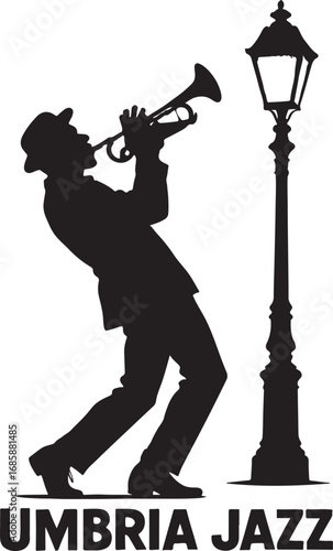 Black silhouette of a man playing trumpet next to a lamppost with Umbria Jazz text music musician
