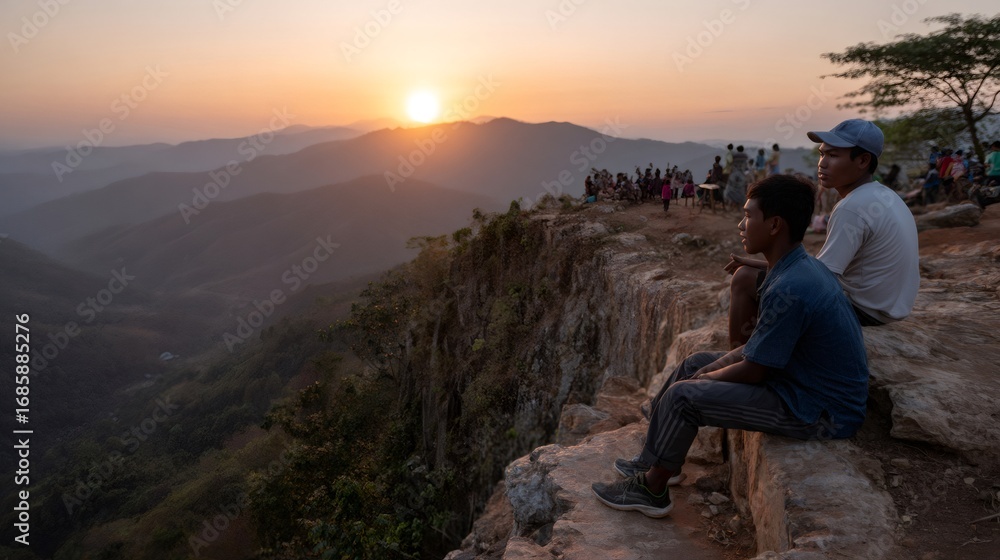 Fototapeta premium Tourists admiring breathtaking sunset over mountain valley in southeast asia