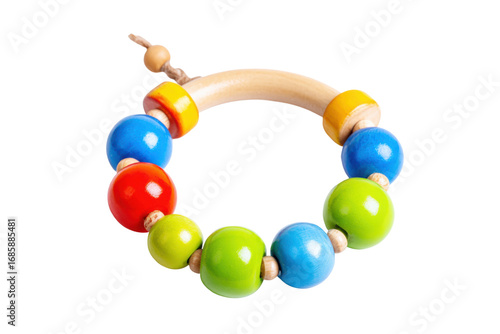 Colorful wooden toy teether home product photography bright top view