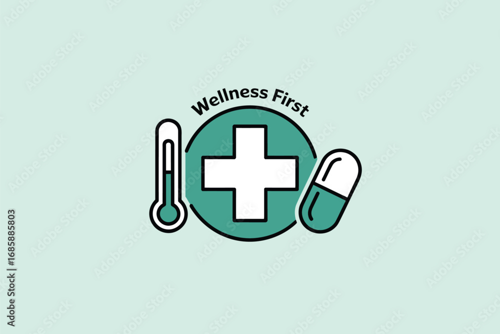 Obraz premium Wellness first health medicine healthcare thermometer capsule plus sign logo icon
