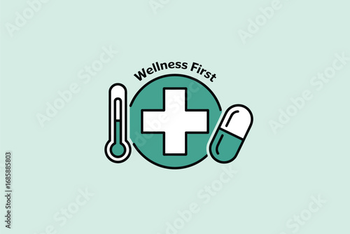 Wellness first health medicine healthcare thermometer capsule plus sign logo icon