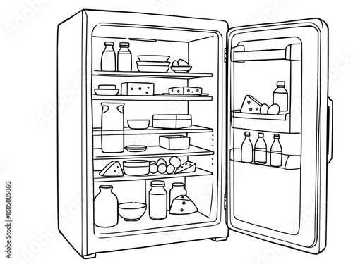 Minimilist illustration of an open refrigerator filled with various food items and containers on multiple shelves inside vector