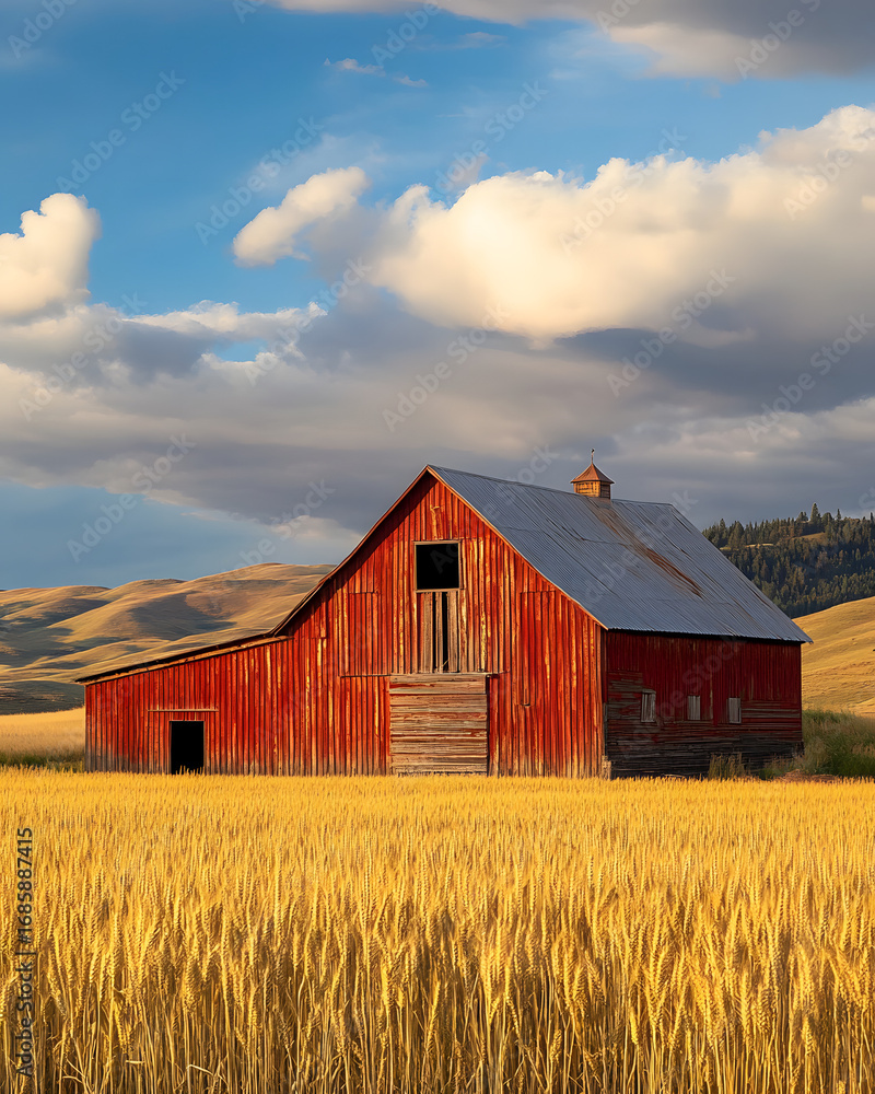 Obraz premium Rustic Red Barn in Scenic Countryside Landscape with Blue Sky and Wheat Field