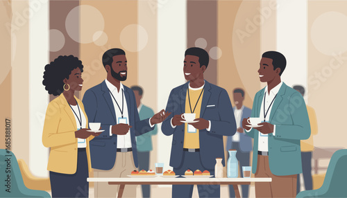 Group of diverse professionals networking and conversing during a coffee break at a conference or business event.