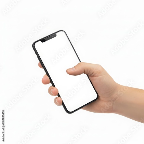 Una mano sostiene un teléfono inteligente moderno con una pantalla blanca en blanco y un fondo blanco aislado.