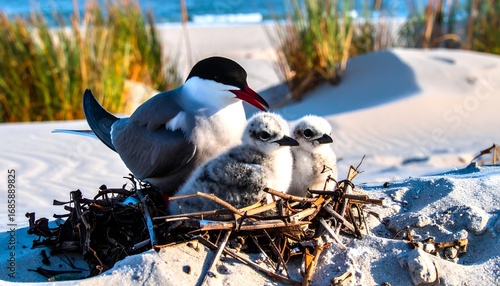 Birds nesting on a sandy beach