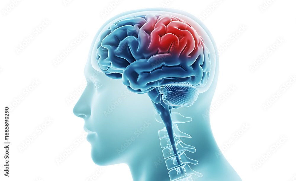 Obraz premium Profile view of a human head showing a brain with a highlighted area of pain or activity human brain isolated on a transparent background
