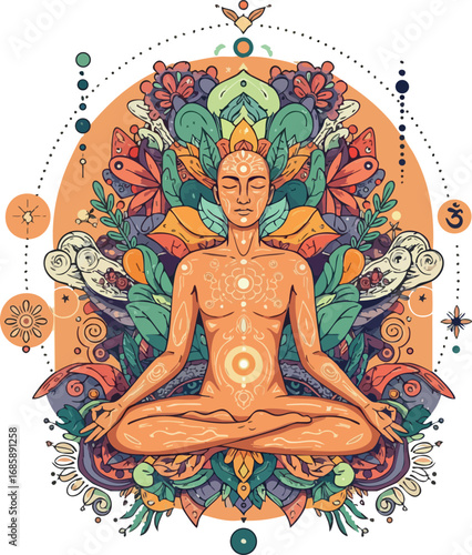 Meditating man with chakra symbols and colorful floral mandala background spiritual vector art design