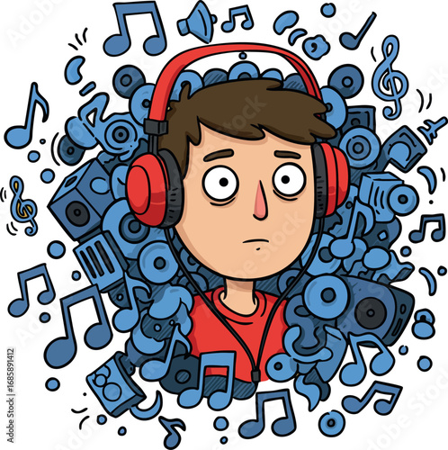 Young man wearing red headphones surrounded by music notes and audio equipment vector illustration