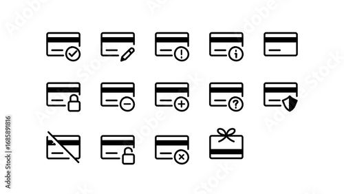 Set of credit card icons for finance and payment in a doodle hand-drawn style. Includes symbols for approved, secure, locked, gift card, add, and remove. Isolated on a transparent background.
