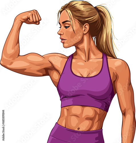Muscular athletic woman flexing bicep in purple sportswear fitness and strength concept vector illustration