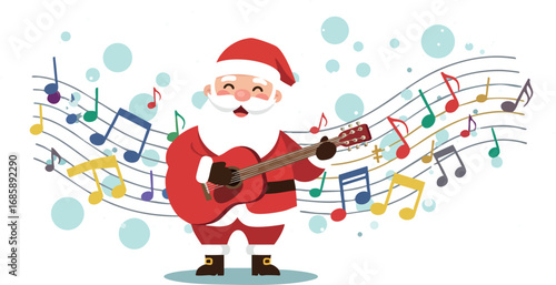 Santa Claus playing guitar surrounded by colorful musical notes festive holiday vector illustration
