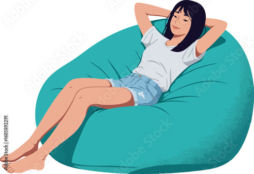 Relaxed woman reclining on large blue bean bag chair comfortable casual lifestyle scene vector