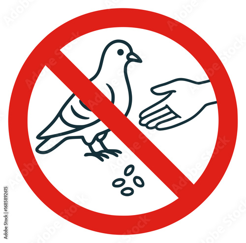 illustration shows a prohibition sign with a red circle and diagonal line indicating do not feed pigeons, featuring a hand offering food to a bird with seeds on the ground, symbolizing restriction