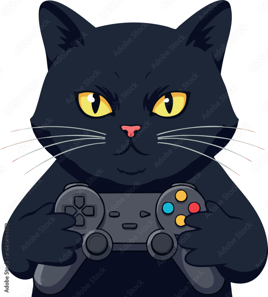 Obraz premium Black cat holding game controller playing video games with yellow eyes and pink nose vector illustration